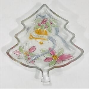Christmas Tree Glass Candy Dish with Bells of Holly, Clear
